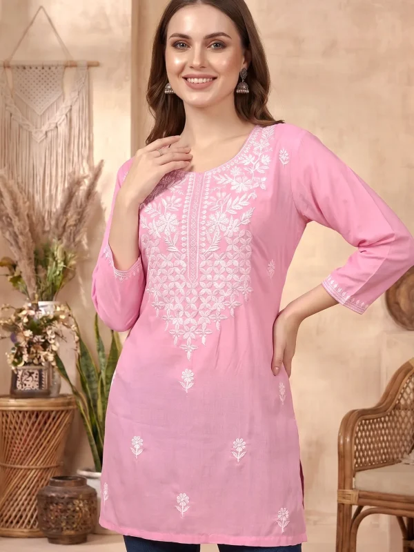 Pink Rayon Chikankari Short Kurti with White Floral Embroidery