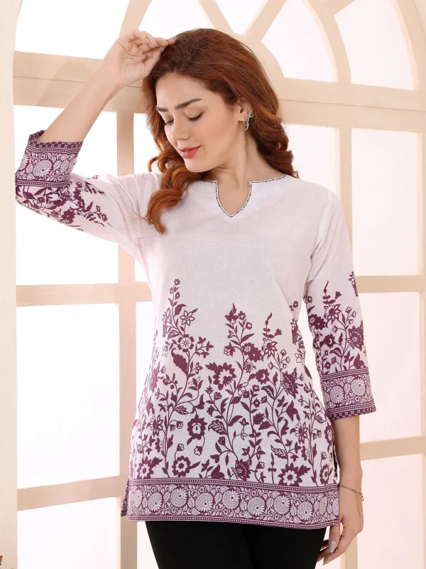 Purple Cotton Short Kurti Tunic Top with Ethnic Motifs
