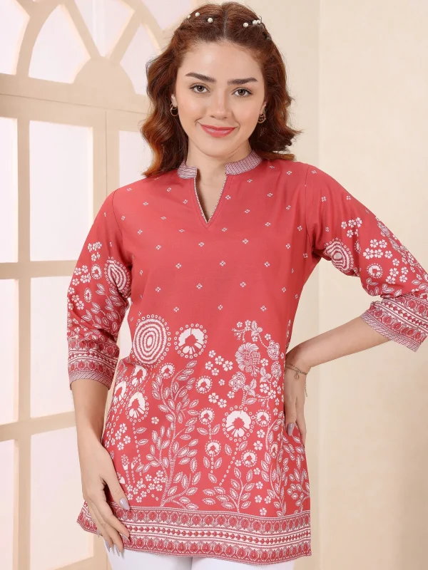 Red Cotton Short Kurti with Floral Print