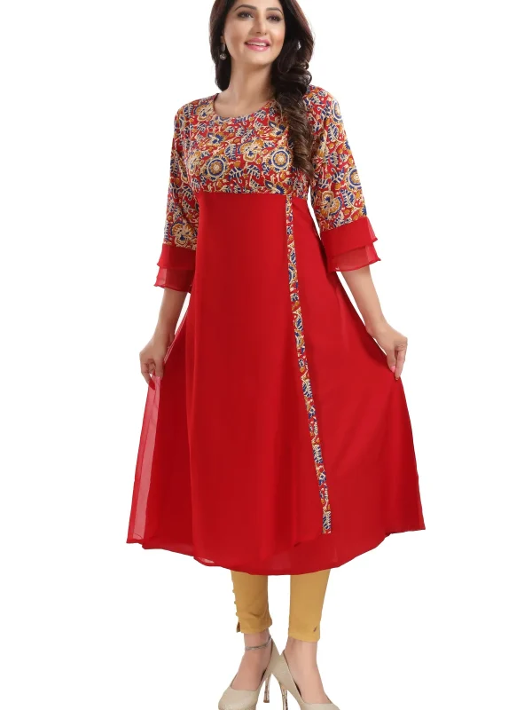 Red Georgette Flared Long Kurti with Floral Print