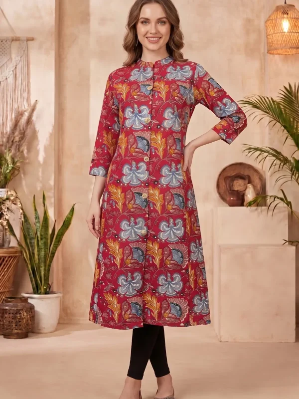Cherry Red A-Line Long Kurta with Floral Print