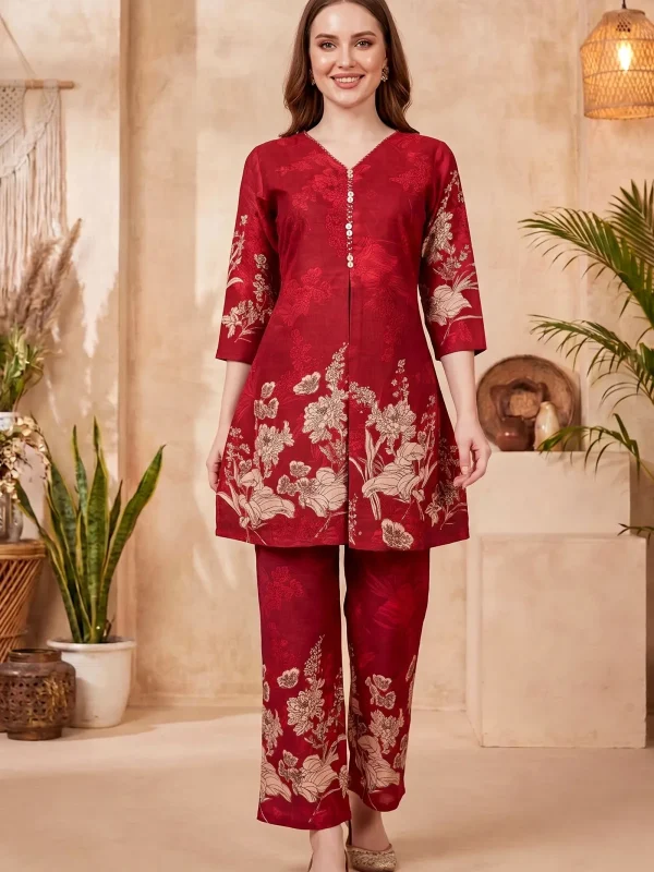 Cherry Red Cotton Printed Kurta Pant Co Ord Set with V Neck