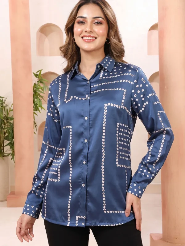 Indigo Blue Shirt Style Top with Bandhani Inspired Print