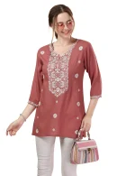 Dusty Tomato Rayon Tunic with Chikankari Embroidery