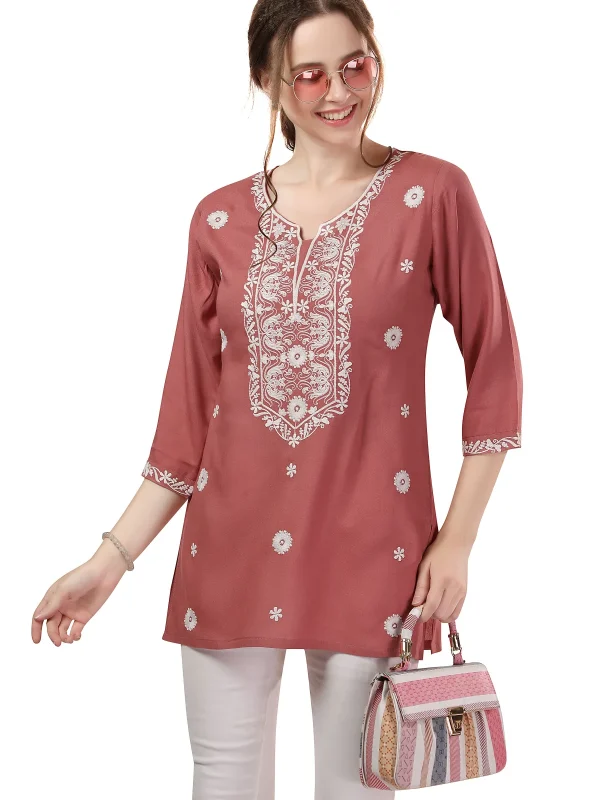 Dusty Tomato Rayon Tunic with Chikankari Embroidery