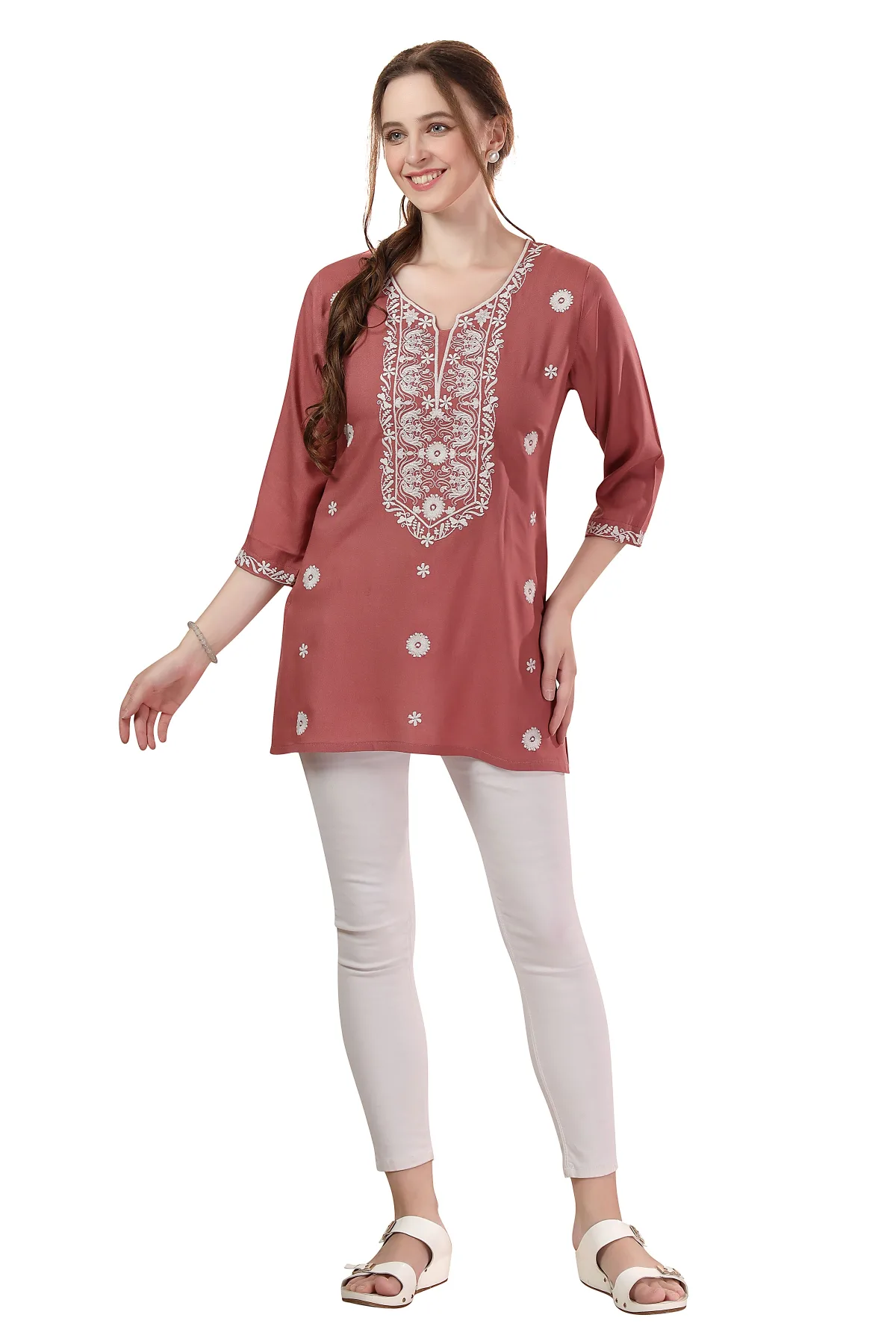 Dusty Tomato Rayon Tunic with Chikankari Embroidery - Image 3