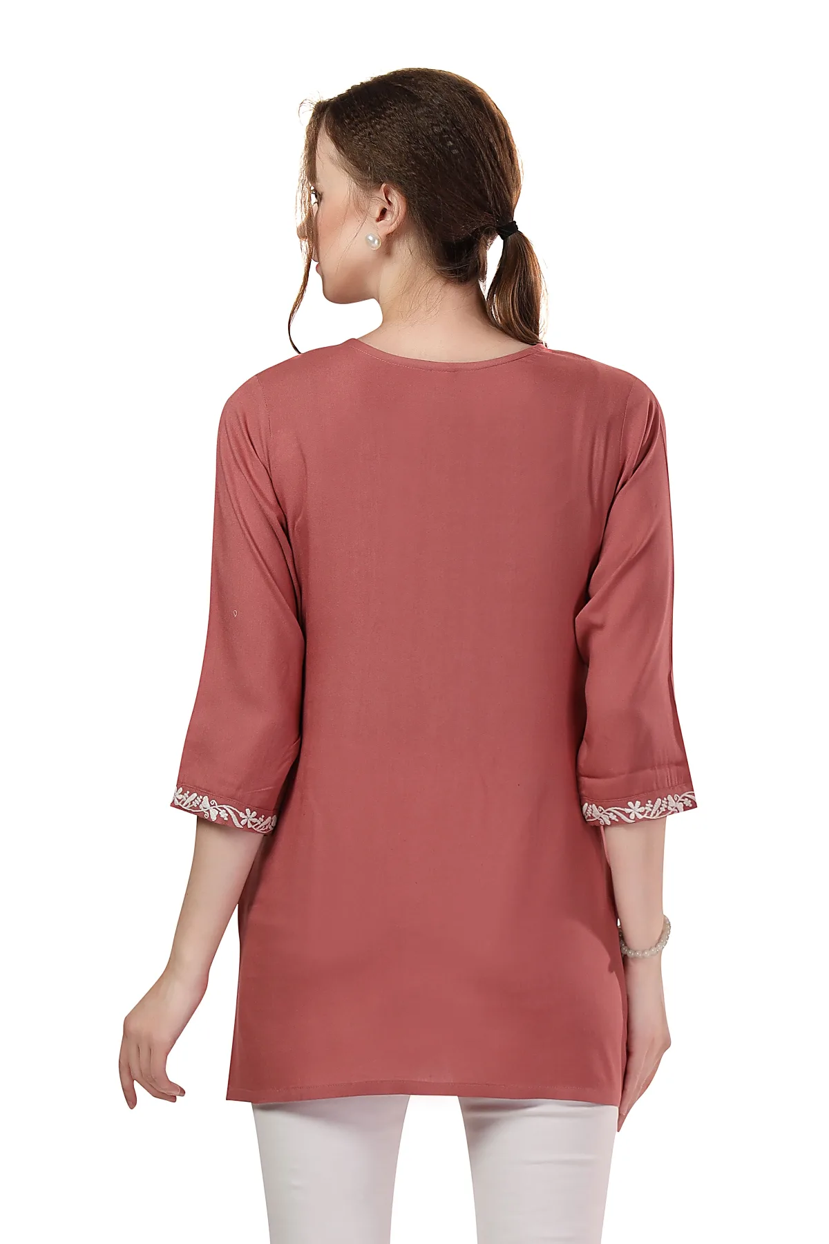 Dusty Tomato Rayon Tunic with Chikankari Embroidery - Image 4