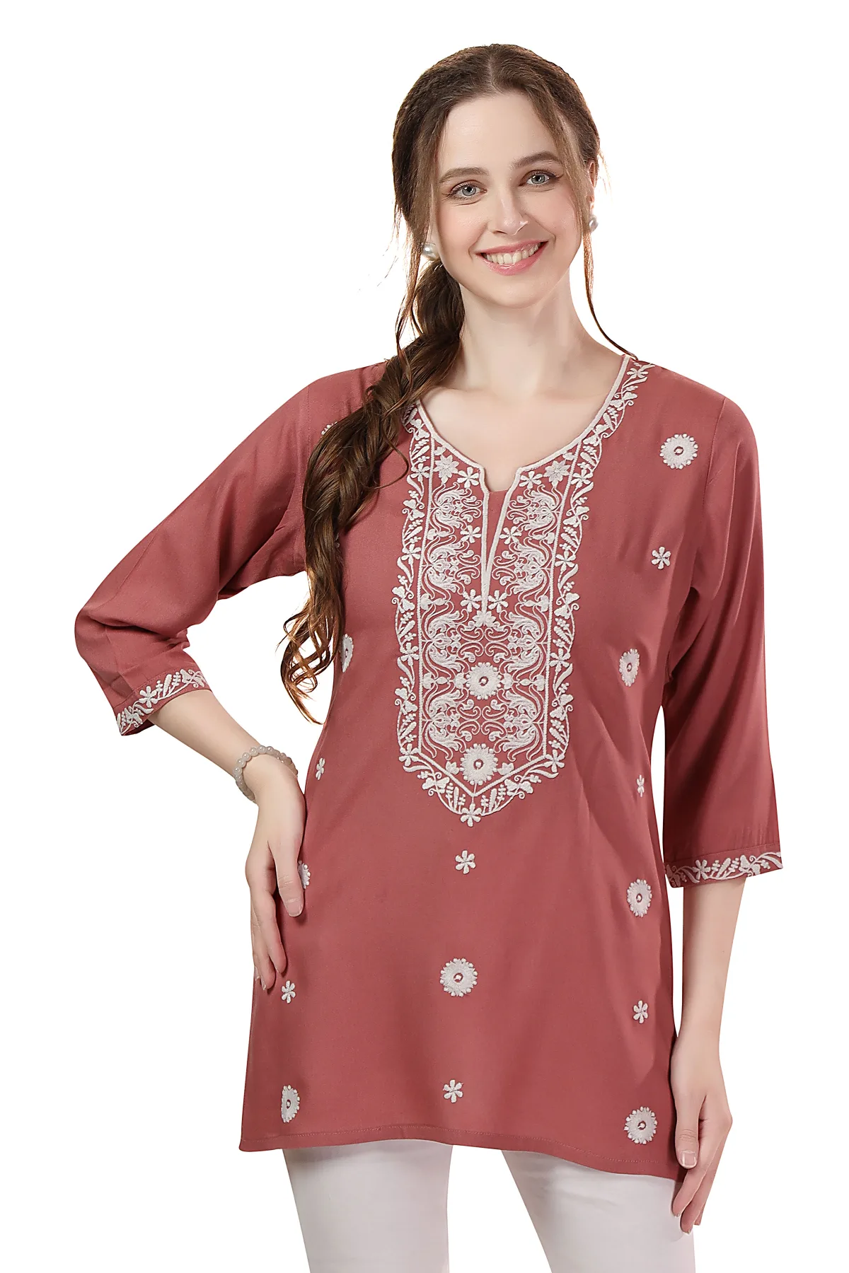 Dusty Tomato Rayon Tunic with Chikankari Embroidery - Image 5