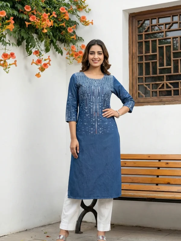 Indigo Blue Denim Long Kurti with Printed Motifs and Thread Work