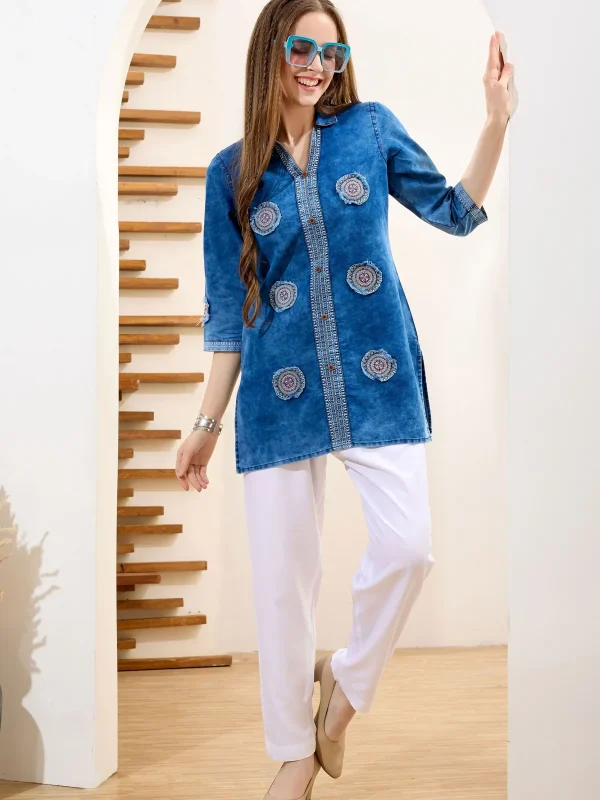 Denim Blue Cloud Washed Short Tunic with Patch Work