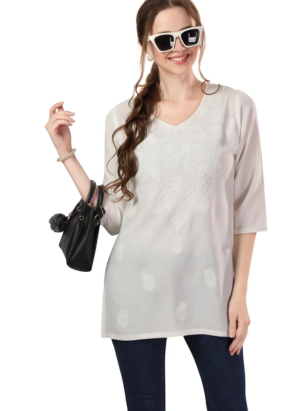 Cream Rayon Chikankari Kurti Tunic