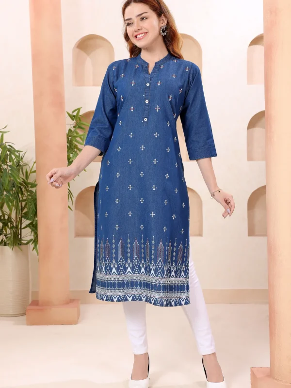 Denim Blue Ban Collar Kurti with Hand Embroidery
