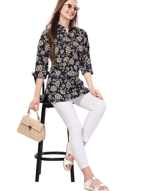 Navy Blue Printed Short Tunic Top for Women