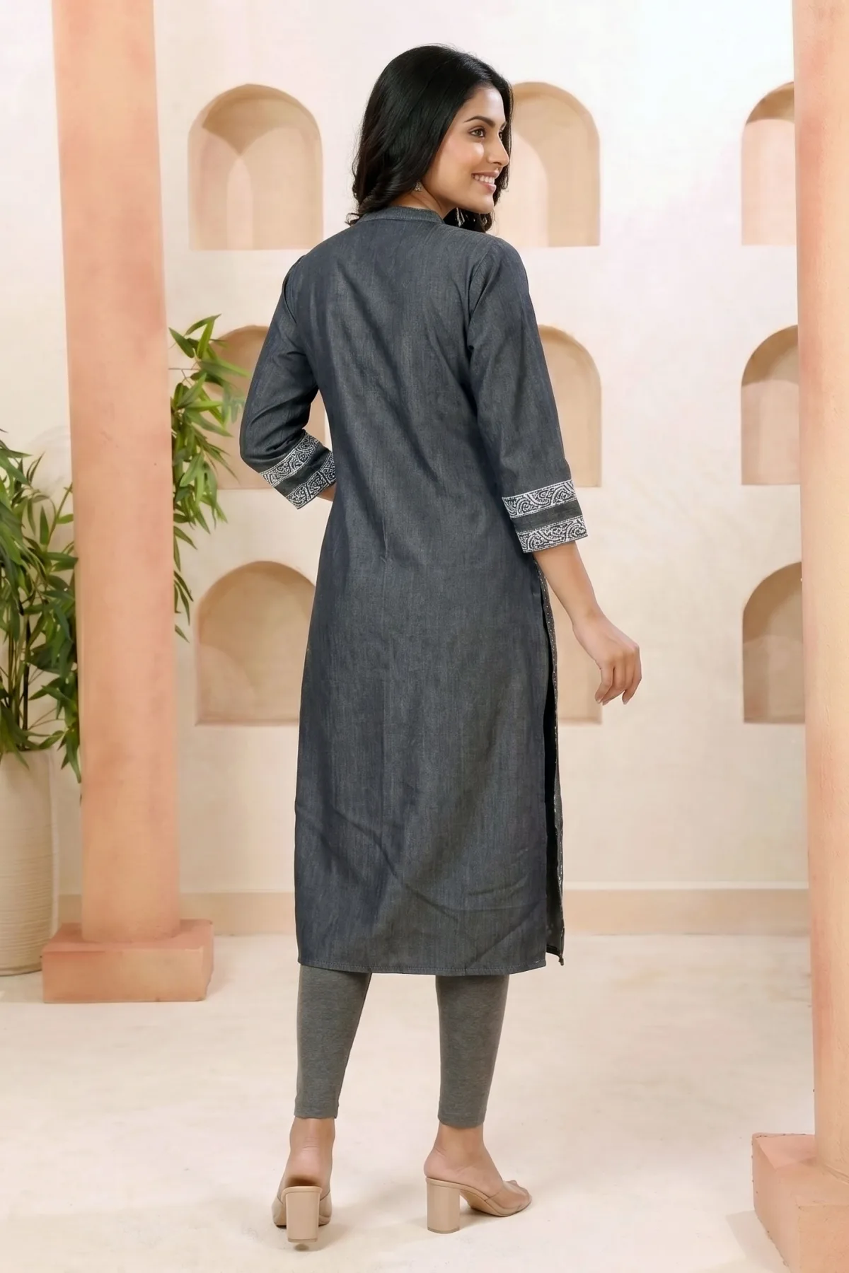 Black Denim Kurti with Discharge Print and Mandarin Collar - Image 4