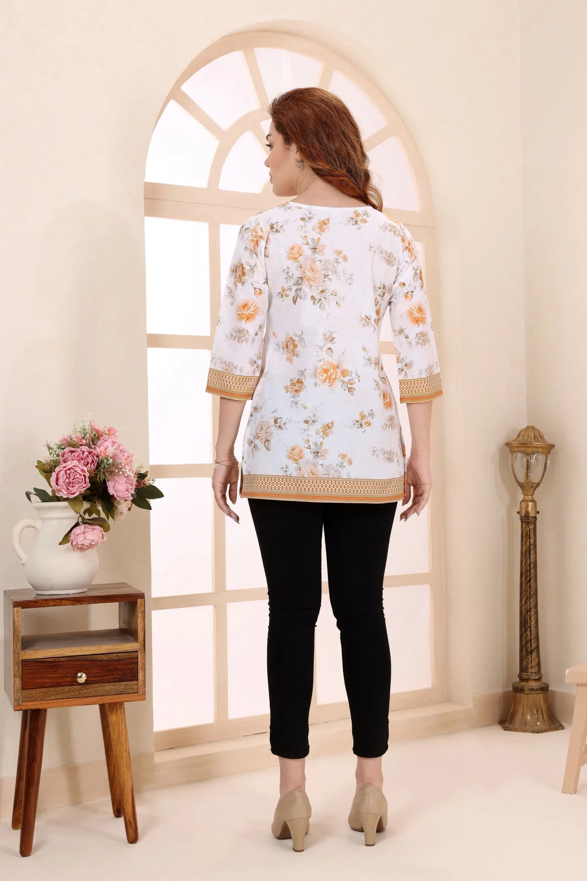 Mustard Cotton Short Kurti with Floral Print - Image 4